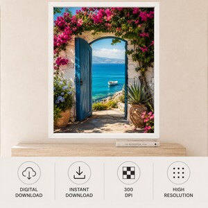 May include: A framed wall art print depicting an open blue wooden door leading to a bright blue sea with a small white boat. The doorway is framed by vibrant pink bougainvillea flowers and green foliage, with potted plants on the stone patio.