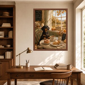 May include: A framed wall art print depicting a black and tan dachshund sitting at a round table by a window. The table holds a mug labelled Warm Cider, a doughnut, and a slice of pie. In the background, an orchard is visible through the window.