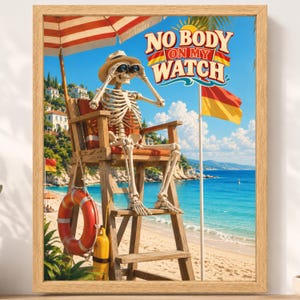 Skeleton Lifeguard Beach Poster, Funny Summer Humor Art (Digital Download) image 2