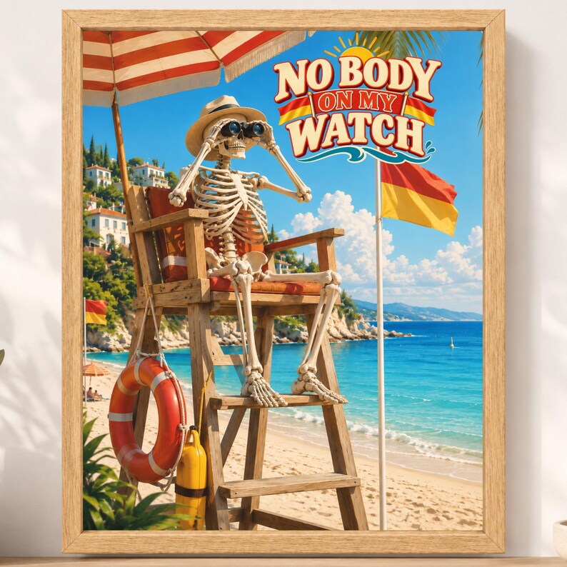 Skeleton Lifeguard Beach Poster, Funny Summer Humor Art (Digital Download) image 2