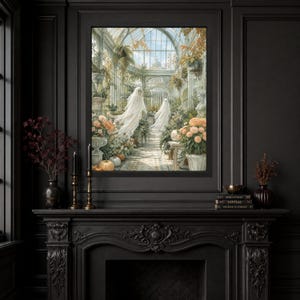 May include: A framed wall art print depicting a glass-walled conservatory filled with lush greenery, blooming peach-colored flowers, and pumpkins. Two translucent, white, ghost-like figures float along a stone path within the greenhouse structure.