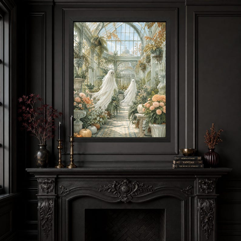 May include: A framed wall art print depicting a glass-walled conservatory filled with lush greenery, blooming peach-colored flowers, and pumpkins. Two translucent, white, ghost-like figures float along a stone path within the greenhouse structure.