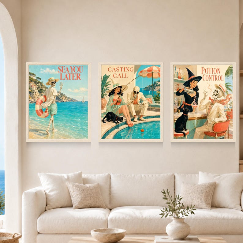 May include: Three framed wall art prints featuring vintage-style illustrations. The left print shows a skeleton on a beach with the text 'SEA YOU LATER'. The center print depicts a person and a skeleton by a pool with 'CASTING CALL'. The right print shows a witch and a skeleton at a bar with 'POTION CONTROL'.