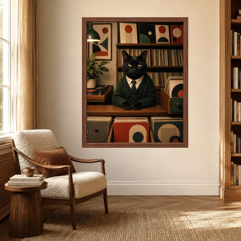 K&ouml;nnte beinhalten: Ein gerahmter Wandkunstdruck, der eine schwarze Katze mit wei&szlig;em Hemd, schwarzer Krawatte und dunkelgr&uuml;ner Strickjacke zeigt. Die Katze steht hinter einem Tresen voller Schallplatten in einem Raum mit Plattenregalen und geometrischer Kunst.