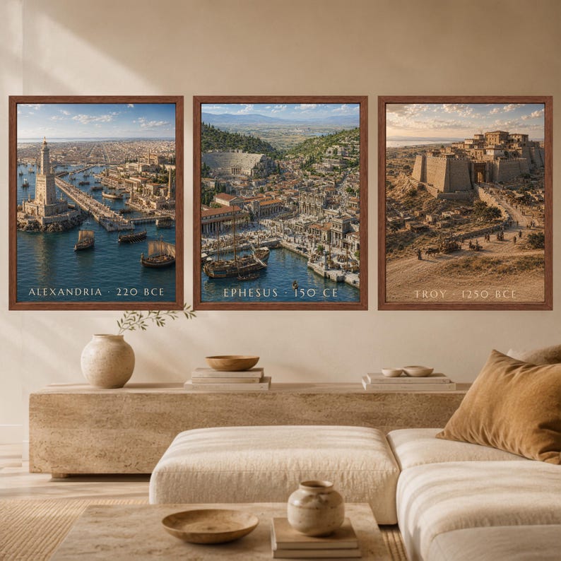 May include: Three framed wall art prints depicting historical cityscapes. The left print shows Alexandria 220 BCE with a lighthouse, the center print shows Ephesus 150 CE with a harbor, and the right print shows Troy 1250 BCE with a stone fortress.
