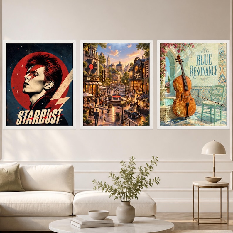 Pu&ograve; includere: Tre stampe da parete incorniciate. La stampa a sinistra mostra un ritratto con un fulmine rosso e il testo STARDUST. La stampa centrale raffigura una strada cittadina con una fontana. La stampa a destra mostra un violoncello con il testo BLUE RESONANCE.