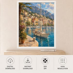 Puede incluir: Una impresi&oacute;n de arte digital enmarcada que muestra un velero amarrado en un puerto mediterr&aacute;neo. La escena presenta un camino de piedra con macetas, un velero alto sobre agua azul y edificios coloridos frente a una monta&ntilde;a.