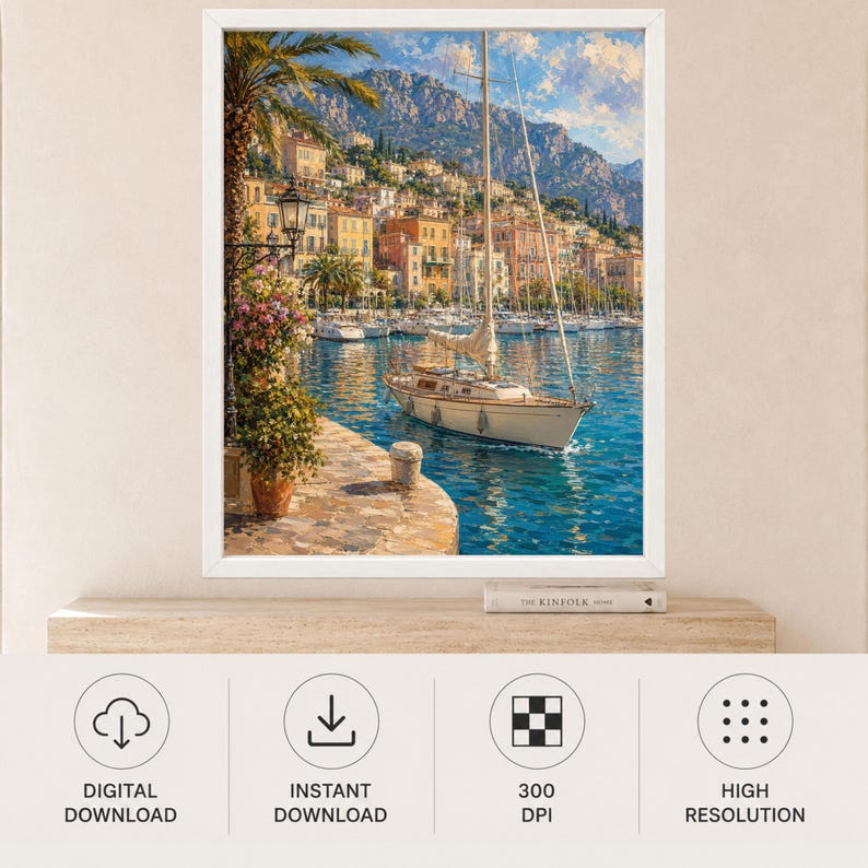 Puede incluir: Una impresi&oacute;n de arte digital enmarcada que muestra un velero amarrado en un puerto mediterr&aacute;neo. La escena presenta un camino de piedra con macetas, un velero alto sobre agua azul y edificios coloridos frente a una monta&ntilde;a.