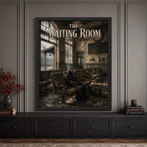 Framed Halloween horror wall art featuring a hooded ghostly traveler seated alone in a decaying abandoned train station waiting room, with old railway seats, suitcase, cancelled departures board and distressed “The Waiting Room” typography.