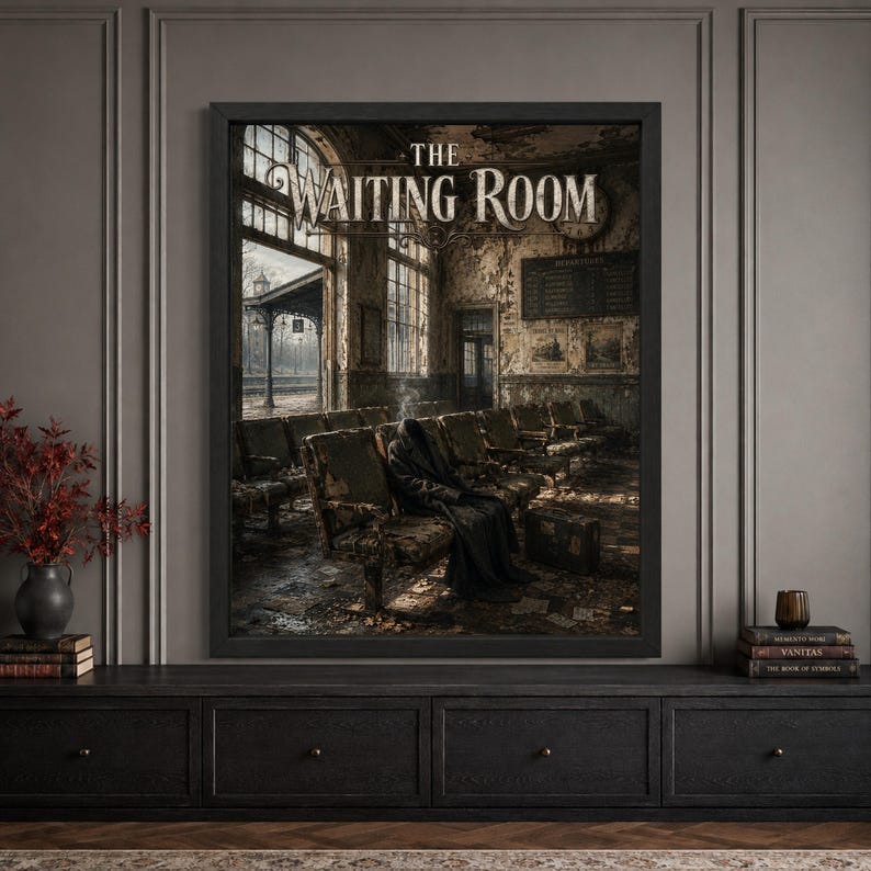 Framed Halloween horror wall art featuring a hooded ghostly traveler seated alone in a decaying abandoned train station waiting room, with old railway seats, suitcase, cancelled departures board and distressed “The Waiting Room” typography.