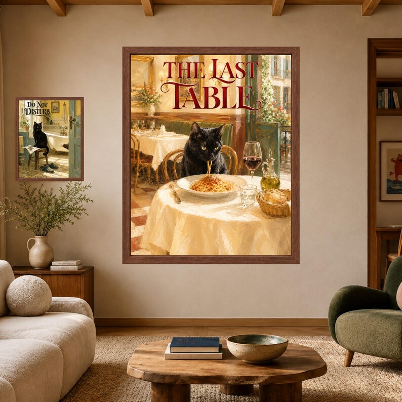 Pu&ograve; includere: Una stampa artistica incorniciata intitolata THE LAST TABLE che raffigura un gatto nero che mangia spaghetti a un tavolo da ristorante con un bicchiere di vino rosso. Una stampa pi&ugrave; piccola a sinistra mostra un gatto nero con il testo DO NOT DISTURB.