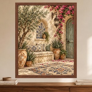 Kunstdruck „Mediterraner Olivenbaumhof“, Bougainvillea-Motiv im toskanischen Villenstil (Digitaler Download) Bild 2