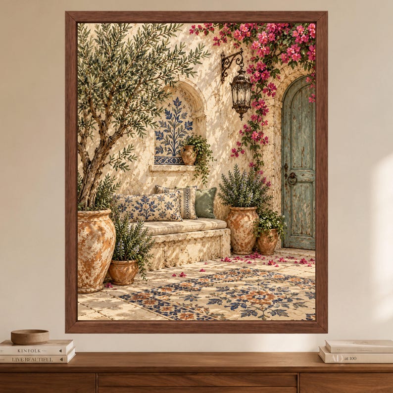 Kunstdruck „Mediterraner Olivenbaumhof“, Bougainvillea-Motiv im toskanischen Villenstil (Digitaler Download) Bild 2