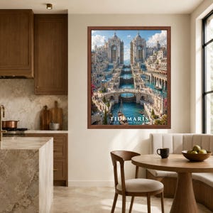 May include: A framed wall art print depicting a fantasy city with tall stone towers, cascading waterfalls, and blue canals filled with small boats. The text TIDEMARIS City of the Great Tidal Gates is printed in white at the bottom of the image.
