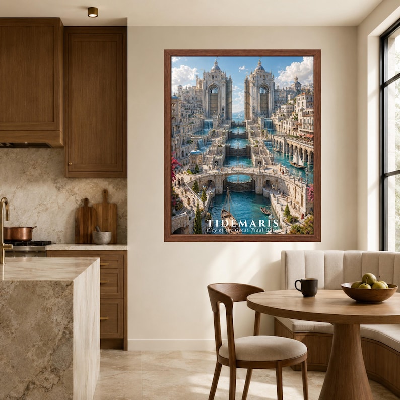 May include: A framed wall art print depicting a fantasy city with tall stone towers, cascading waterfalls, and blue canals filled with small boats. The text TIDEMARIS City of the Great Tidal Gates is printed in white at the bottom of the image.
