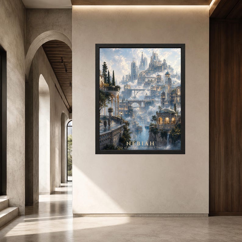 Pu&ograve; includere: Una stampa artistica da parete verticale incorniciata che raffigura una citt&agrave; fantastica con alte guglie e ponti di pietra immersi tra nuvole e acqua. Il testo NEBIAH City of Above the Clouds &egrave; stampato in basso con un carattere serif chiaro.