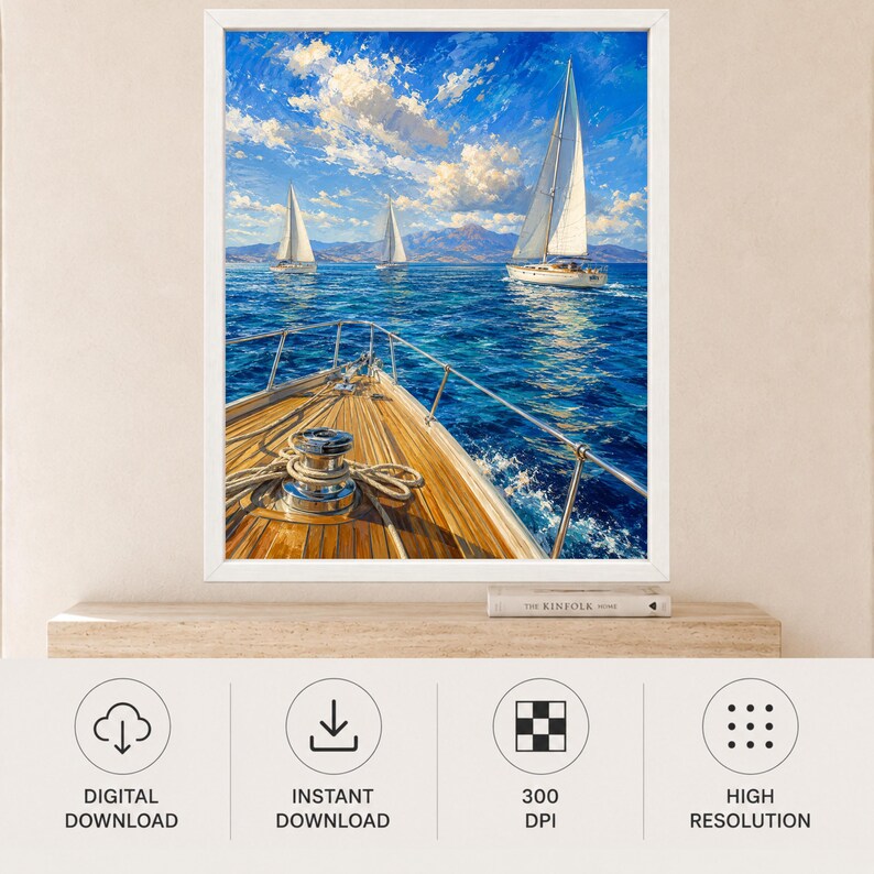 May include: A framed digital art print depicting a view from the wooden deck of a boat looking out at three white sailboats on a deep blue sea under a bright sky with clouds. The deck features a metal winch and coiled rope in the foreground.
