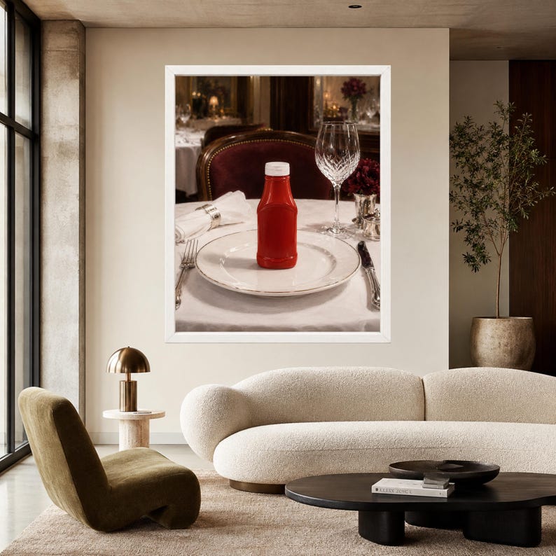 May include: A bright red plastic squeeze bottle of ketchup sits upright in the center of a white ceramic dinner plate. The plate is placed on a white tablecloth, accompanied by a silver fork, a silver knife, and a clear crystal wine glass.