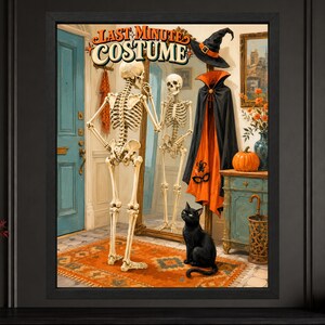 May include: A framed wall art print titled LAST MINUTE COSTUME featuring a skeleton looking into a mirror, a black cat sitting on an orange rug, a witch hat, a black and orange cape, a pumpkin, and a blue cabinet in a hallway setting.