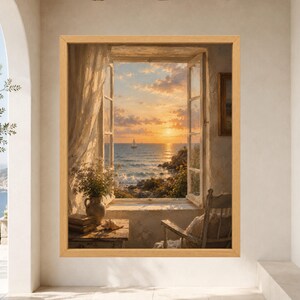 Framed Mediterranean window wall art showing an open white seaside window overlooking a golden ocean sunset with sailboats, wildflowers, books and a rustic chair inside a quiet coastal cottage.