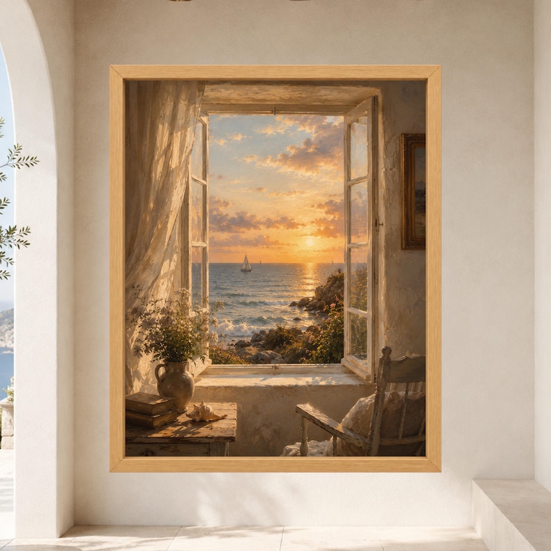 Framed Mediterranean window wall art showing an open white seaside window overlooking a golden ocean sunset with sailboats, wildflowers, books and a rustic chair inside a quiet coastal cottage.