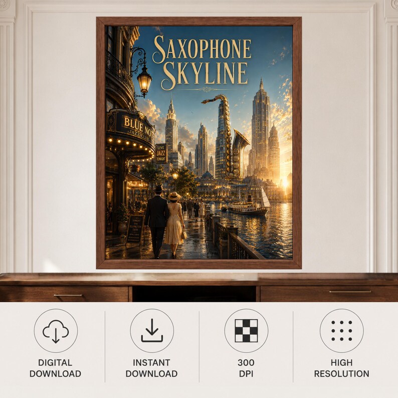 May include: A framed wall art print titled Saxophone Skyline featuring a city skyline where a giant saxophone rises among skyscrapers. The scene includes a waterfront, a jazz club entrance with warm lights, and two figures walking along a path.