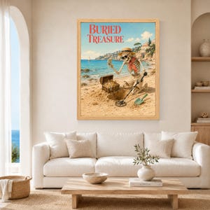 Puede incluir: Una impresi&oacute;n art&iacute;stica enmarcada titulada BURIED TREASURE que muestra un esqueleto con sombrero de paja, gafas de sol y una bufanda roja en una playa. El esqueleto sostiene un collar de perlas junto a un cofre del tesoro abierto y un detector.