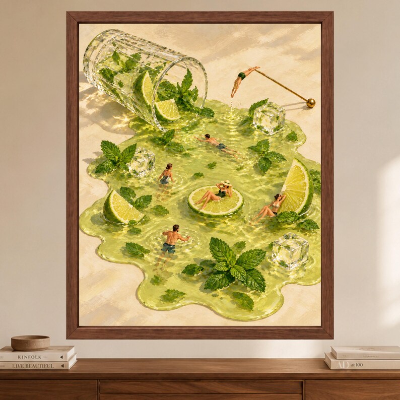 Stampa artistica surreale a tema mojito per piscina, cocktail lime e menta, decorazione per carrello bar (download digitale) immagine 2