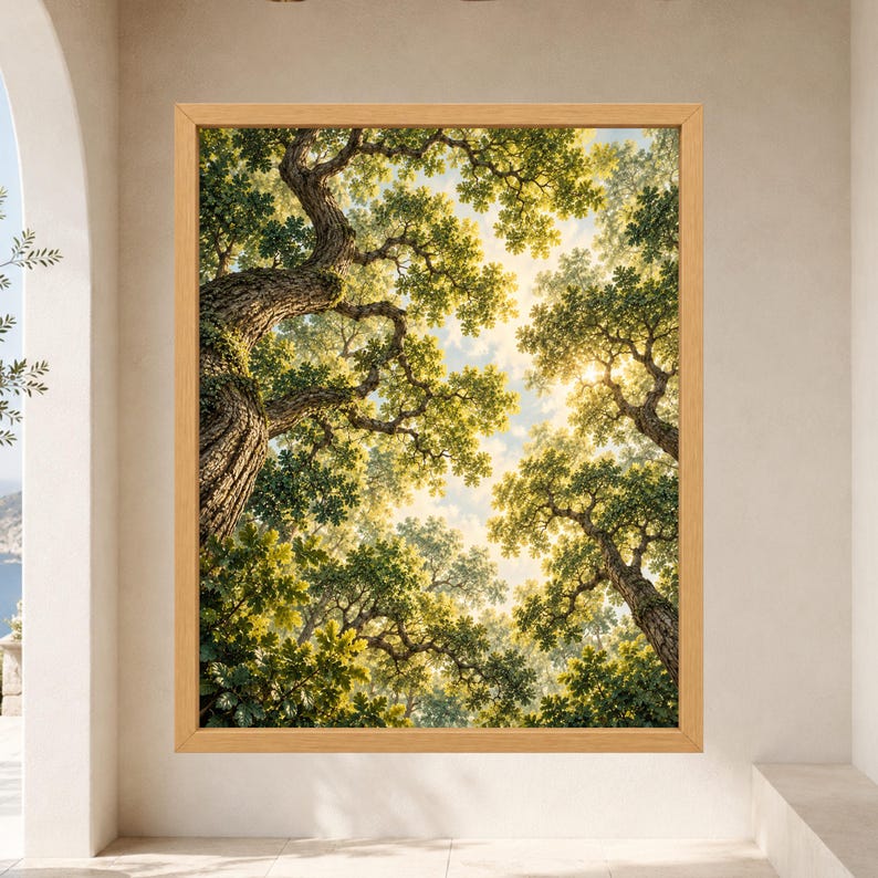 May include: A rectangular wall art piece featuring a detailed painting of a forest canopy viewed from below. The artwork displays thick, textured tree trunks and dense green foliage with sunlight filtering through the leaves into a bright sky.