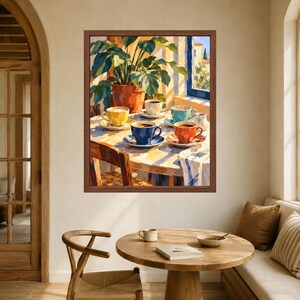Mediterranean Coffee Cups Print, Colorful Kitchen Art, Painterly Café Scene (Digital Download) image 5