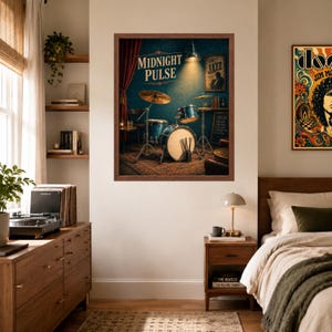 May include: A framed wall art print titled Midnight Pulse featuring a drum kit in a dimly lit room with a red curtain, a cymbal, and a small sign that reads Live Jazz. The artwork is displayed on a wall above a wooden nightstand in a bedroom.
