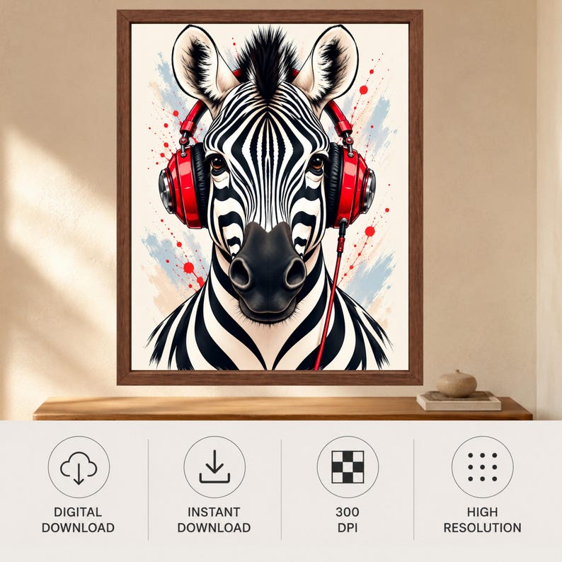 Zebra Headphones Wall Art, Funky Animal Music Print (Digital Download) image 10