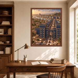 May include: A framed wall art print depicting an ancient city scene with blue walls, golden animal reliefs, and a sunset sky, featuring the text BABYLON 550 BCE. The artwork is displayed in a brown wooden frame on a light-colored wall above a desk.