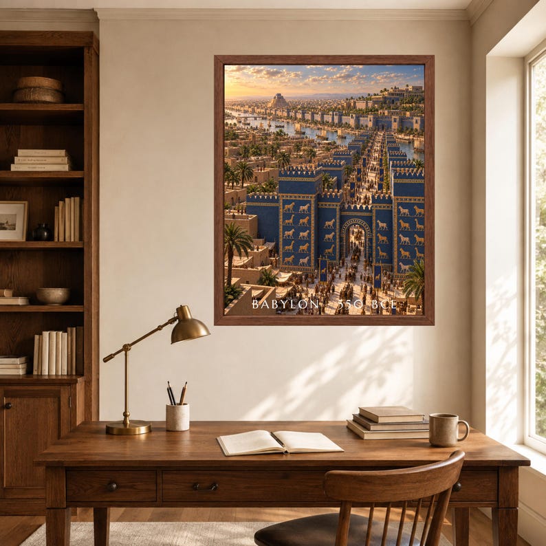 May include: A framed wall art print depicting an ancient city scene with blue walls, golden animal reliefs, and a sunset sky, featuring the text BABYLON 550 BCE. The artwork is displayed in a brown wooden frame on a light-colored wall above a desk.
