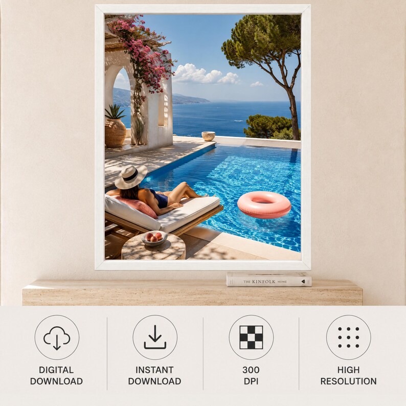 May include: A framed wall art print featuring a sunny Mediterranean scene with a person in a sun hat lounging on a poolside daybed. A pink inflatable ring floats in the blue water, with a white stone archway, pink bougainvillea, and a tree in the background. The print includes text at the bottom reading DIGITAL DOWNLOAD, INSTANT DOWNLOAD, 300 DPI, and HIGH RESOLUTION.