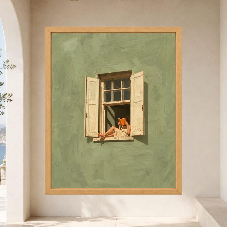 Woman Reading in Window Print, Sage Green Wall Art, Book Lover Decor (Digital Download) image 9