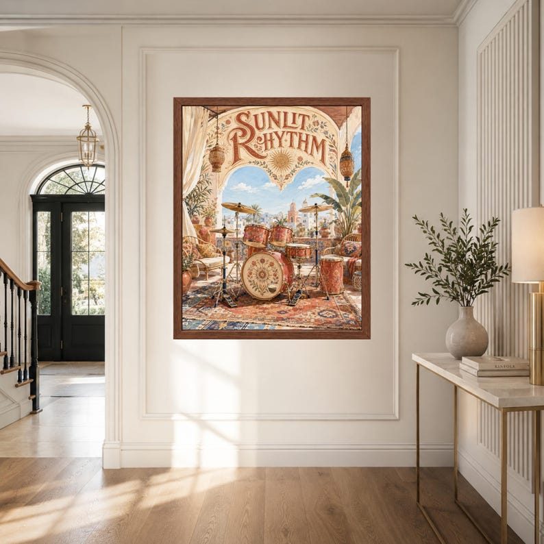 May include: A framed wall art print titled Sunlit Rhythm featuring a drum set on a patterned rug within an arched terrace setting. The scene includes hanging lanterns, potted plants, and a distant cityscape under a blue sky with clouds.