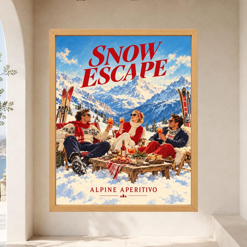 Vintage Alpine Ski Lodge Print, Snow Escape Aperitivo Gathering (Digital Download) image 7