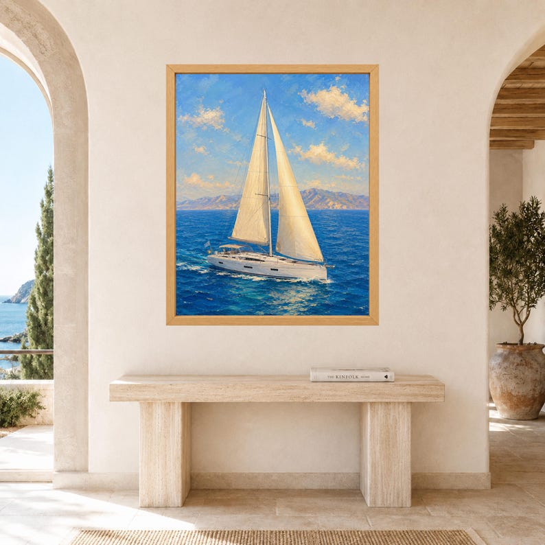 May include: A framed oil painting depicting a white sailboat with two sails navigating deep blue ocean waters under a bright sky with scattered clouds. In the distance, a faint mountain range is visible along the horizon line of the sea.