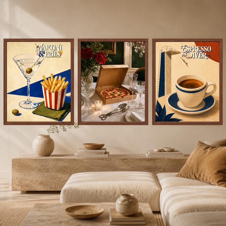 May include: A set of three framed wall art prints. The left print shows a martini glass and fries with the text 'Martini & Fries'. The centre print depicts a pizza box on a table. The right print shows a coffee cup with the text 'Espresso Diver'.
