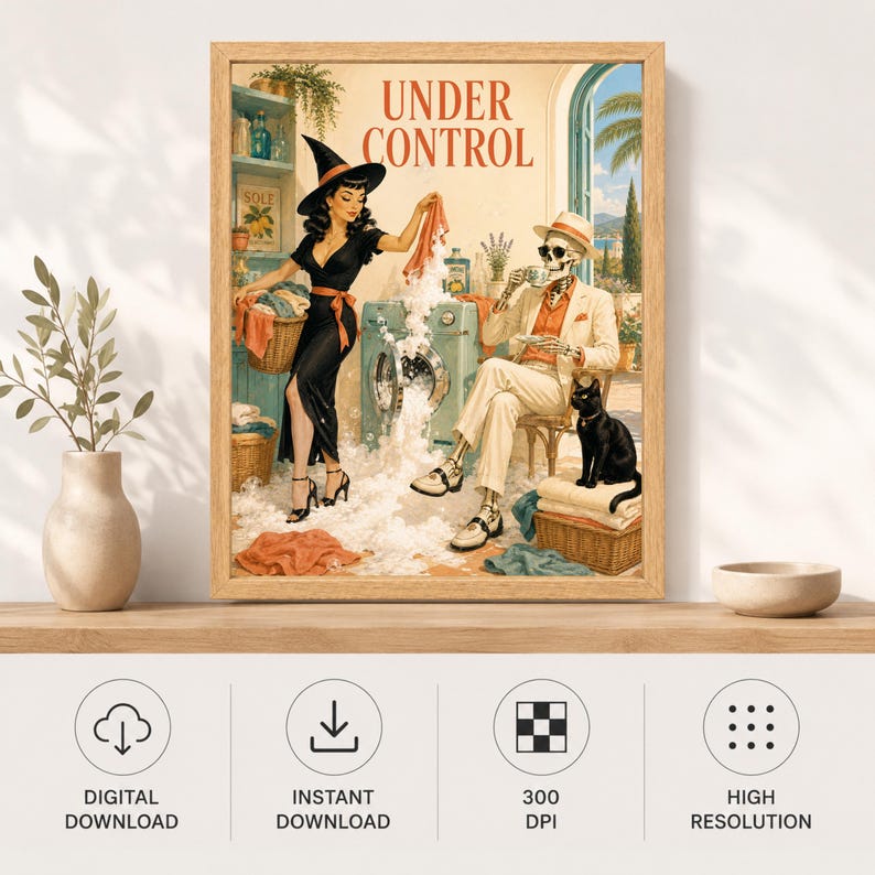 May include: A framed wall art print titled UNDER CONTROL featuring a vintage-style illustration of a person in a black witch hat and dress doing laundry next to a skeleton in a beige suit drinking tea, with a black cat and soap suds.