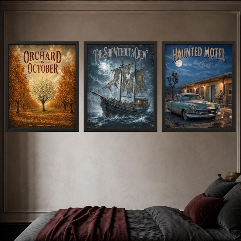 May include: Three framed rectangular wall art prints. The left print shows an autumn orchard with the text THE ORCHARD IN OCTOBER. The center print depicts a tattered ship at sea titled THE SHIP WITHOUT A CREW. The right print shows a vintage car at a motel labeled HAUNTED MOTEL.
