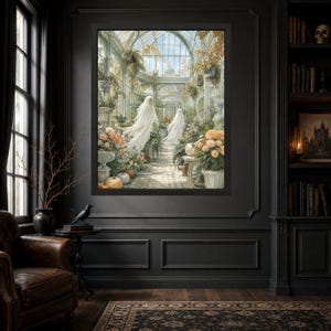 May include: A framed wall art print depicting two translucent white ghost figures floating through a sunlit glass greenhouse filled with lush green plants, potted orange flowers, and scattered pumpkins on a tiled floor under a high arched ceiling.