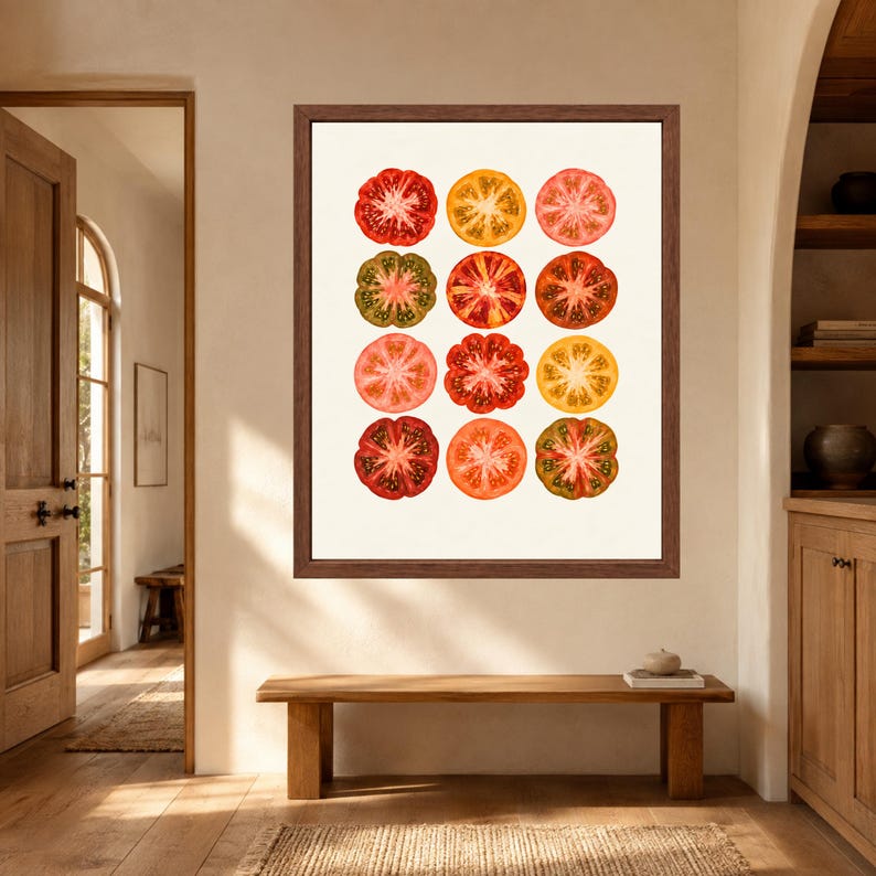 Tomatväggkonst, färgglatt kökstryck, arvegods-tomataffisch, retro matdekor, digital nedladdning bild 8