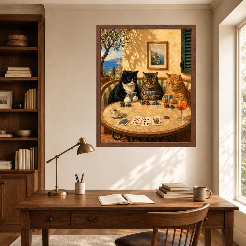 Muurdecoratie met katten die poker spelen, poster met mediterrane katten, decoratie voor de speelkamer, digitale download afbeelding 6