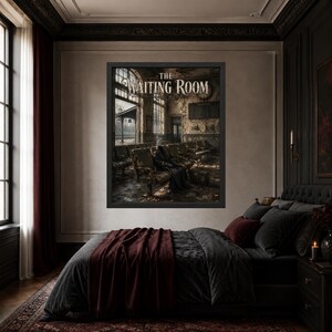 May include: A framed wall art print titled The Waiting Room, depicting a dark, weathered train station interior with rows of empty chairs, a lone figure, and large windows. The artwork features a muted color palette of browns, grays, and blacks.