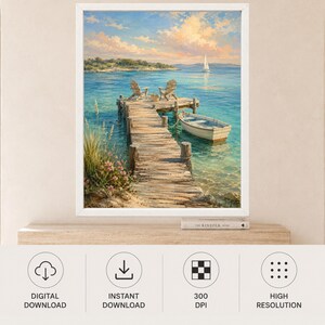 May include: A framed wall art print depicting a wooden pier extending into turquoise water. Two wooden chairs sit on the dock next to a small white rowboat. In the distance, a sailboat floats on the horizon under a soft, pastel-colored sky.