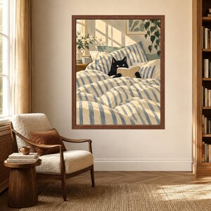 Black Cat Reading in Bed Print, Cozy Bedroom Wall Art (Digital Download) image 3