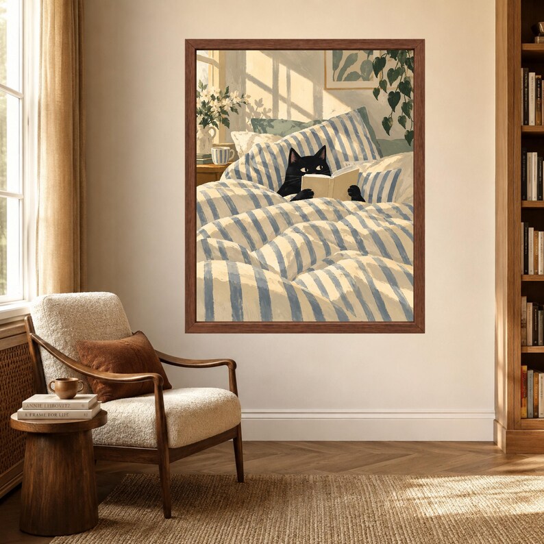 Black Cat Reading in Bed Print, Cozy Bedroom Wall Art (Digital Download) image 3