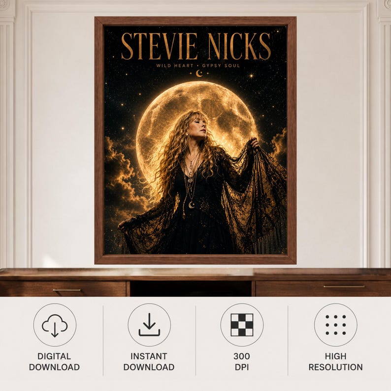 May include: A framed wall art print featuring a portrait of Stevie Nicks with long wavy hair, wearing a black lace garment against a large glowing full moon and starry night sky. The text STEVIE NICKS, WILD HEART, and GYPSY SOUL is visible.